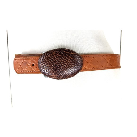 Vintage brown tooled braided leather reptile embossed buckle belt - Picture 3 of 6